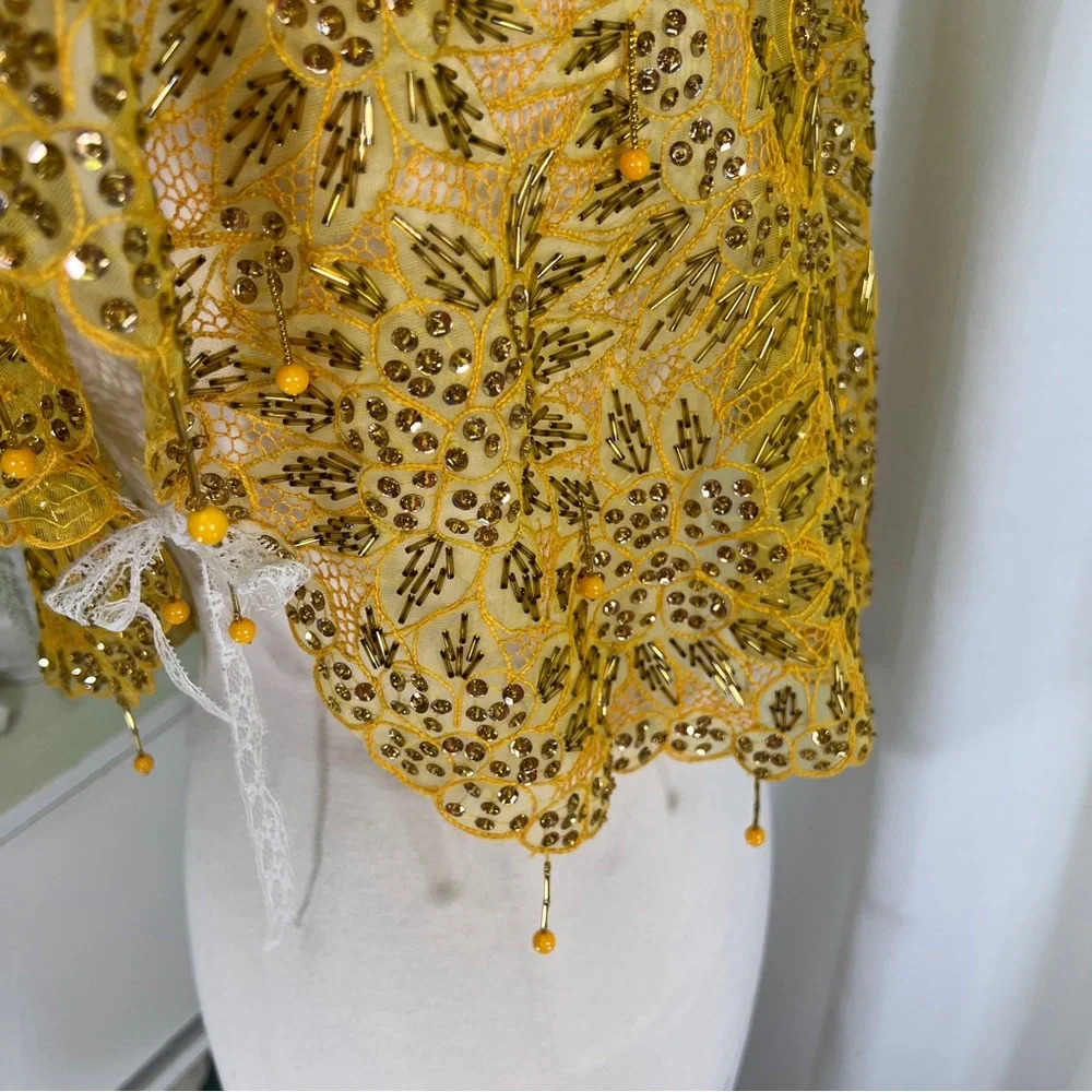 Vintage Funky Yellow Beaded Tie On Top Blouse - Picture 8 of 11